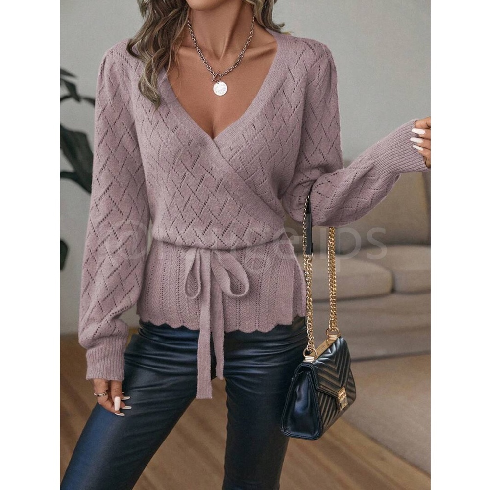 Dusty Lavender Wrap Cardigan Long Lantern Sleeve Ties - Picture 5 of 10